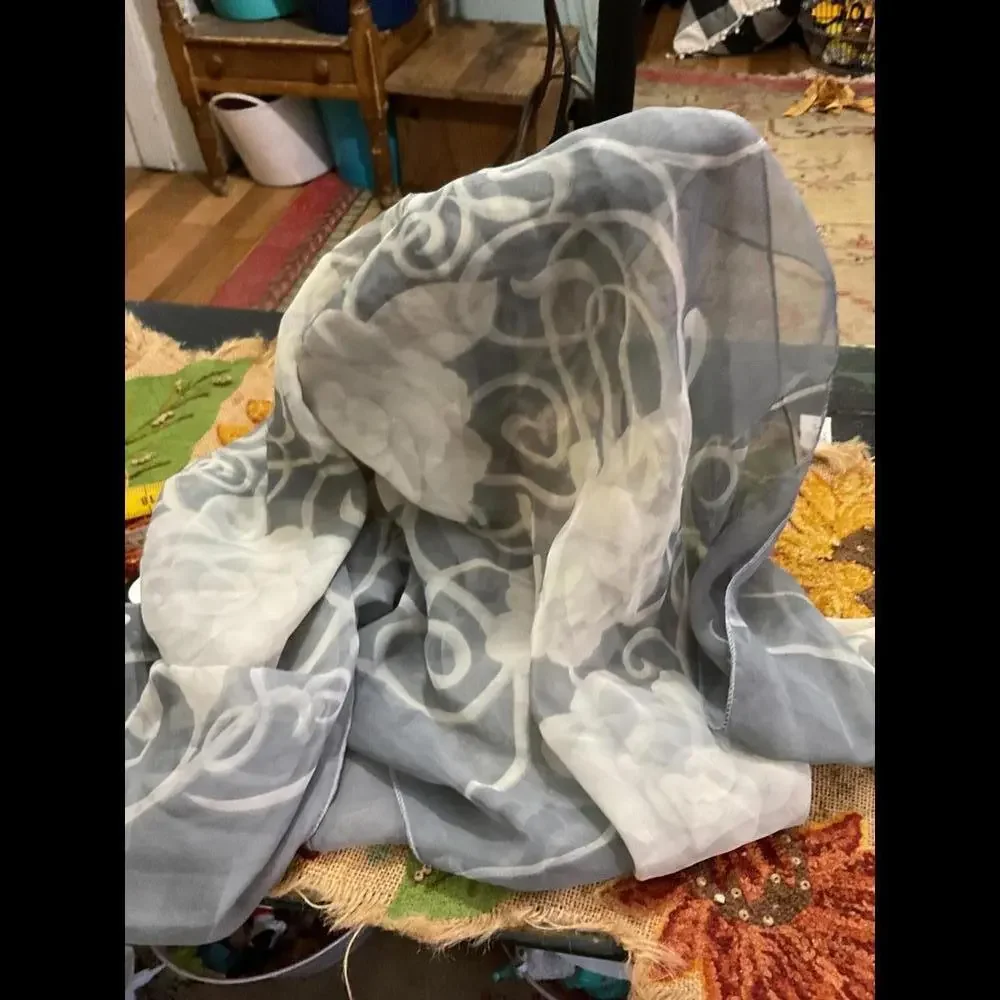 Elegant Sheer Floral Scarf – Soft Grey